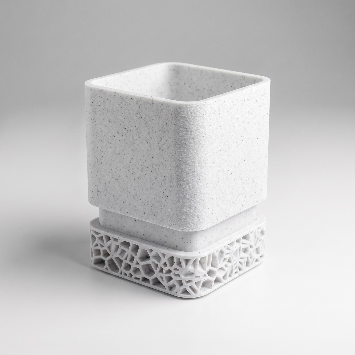 DiyArts Voronoi Square Planter with Drip Tray in White Marble, speckled stone-look finish, studio product shot