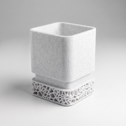 DiyArts Voronoi Square Planter with Drip Tray in White Marble, speckled stone-look finish, studio product shot