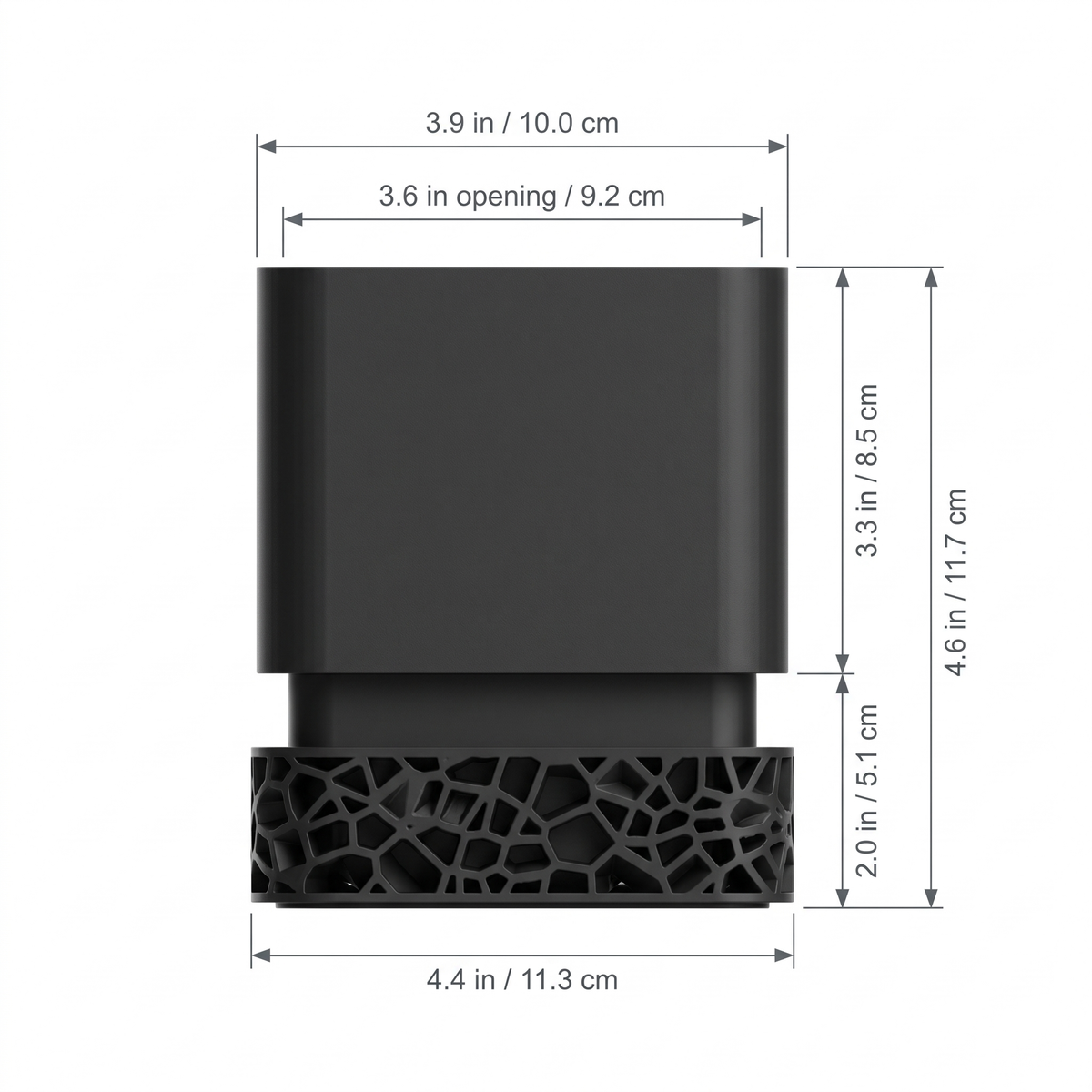 Voronoi Square Planter dimensions - 3.9 inch pot, 3.6 inch opening, 4.4 inch base, 4.6 inches tall assembled