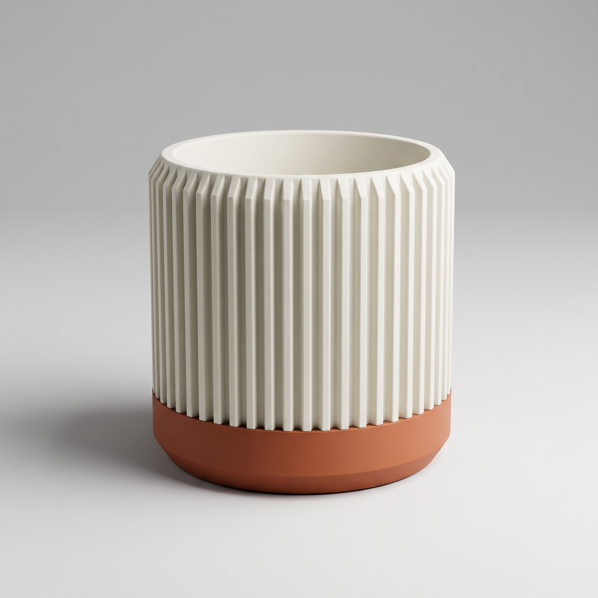 DiyArts Fluted Cylinder Planter with Saucer in Jade White with burnt rust saucer, ribbed 4 inch plant pot, studio product shot