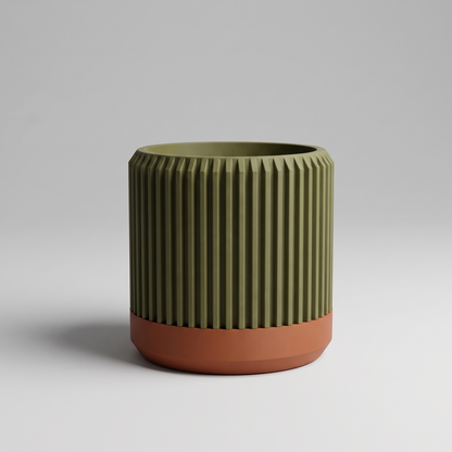 DiyArts Fluted Cylinder Planter with Saucer in Moss Green with burnt rust saucer, ribbed 4 inch plant pot, studio product shot