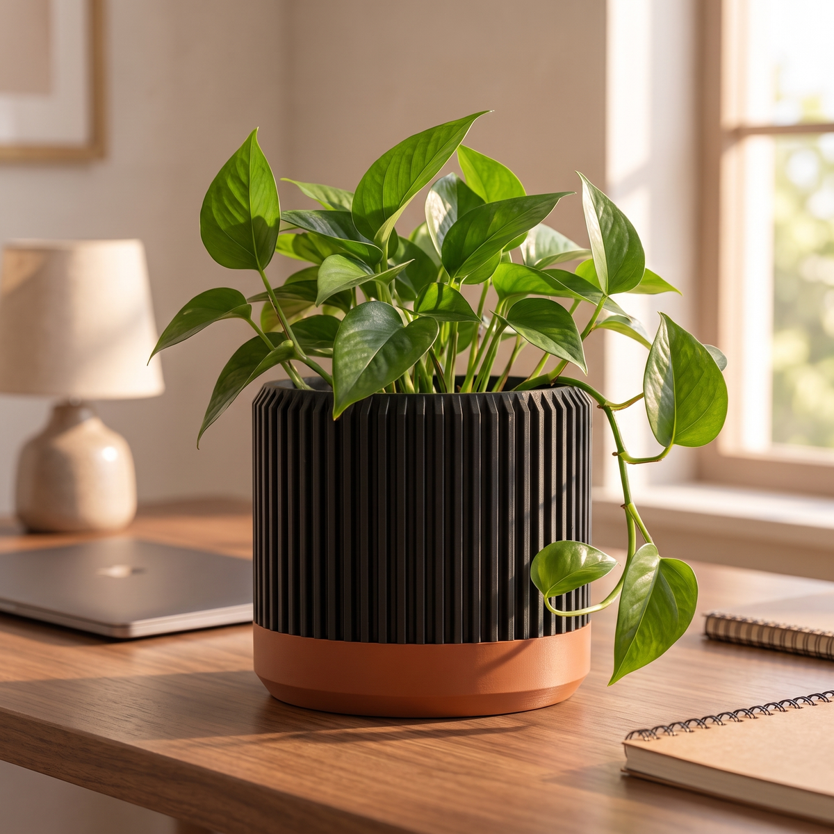Fluted Cylinder Planter in Matte Black holding a trailing pothos on a walnut desk