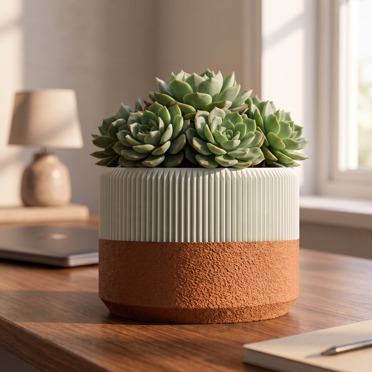 Ribbed Wide Planter in Jade White holding succulents on a walnut desk