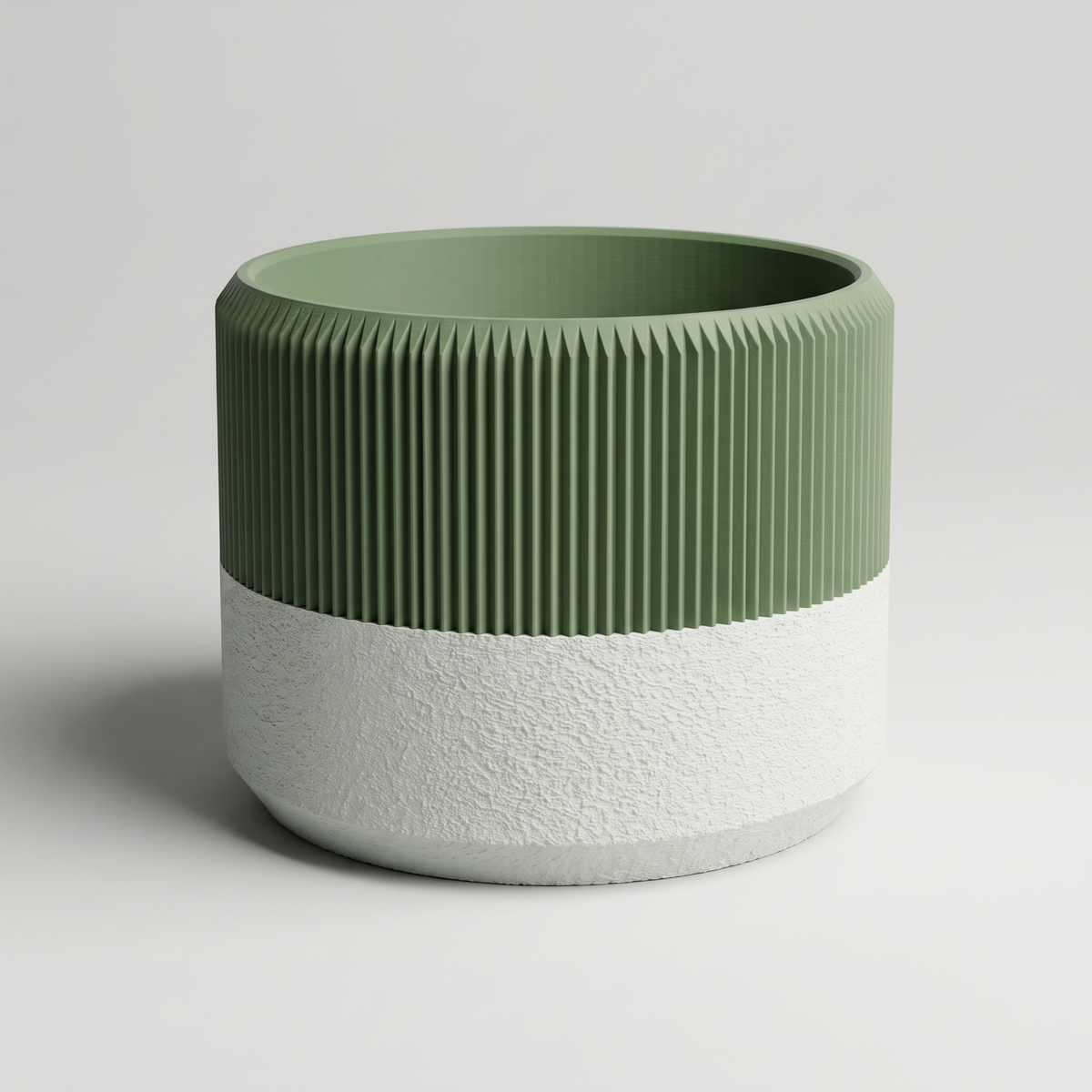 DiyArts Ribbed Wide Planter with Built-In Drip Tray in Moss Green with jade white textured tray, 6 inch low plant pot, studio product shot