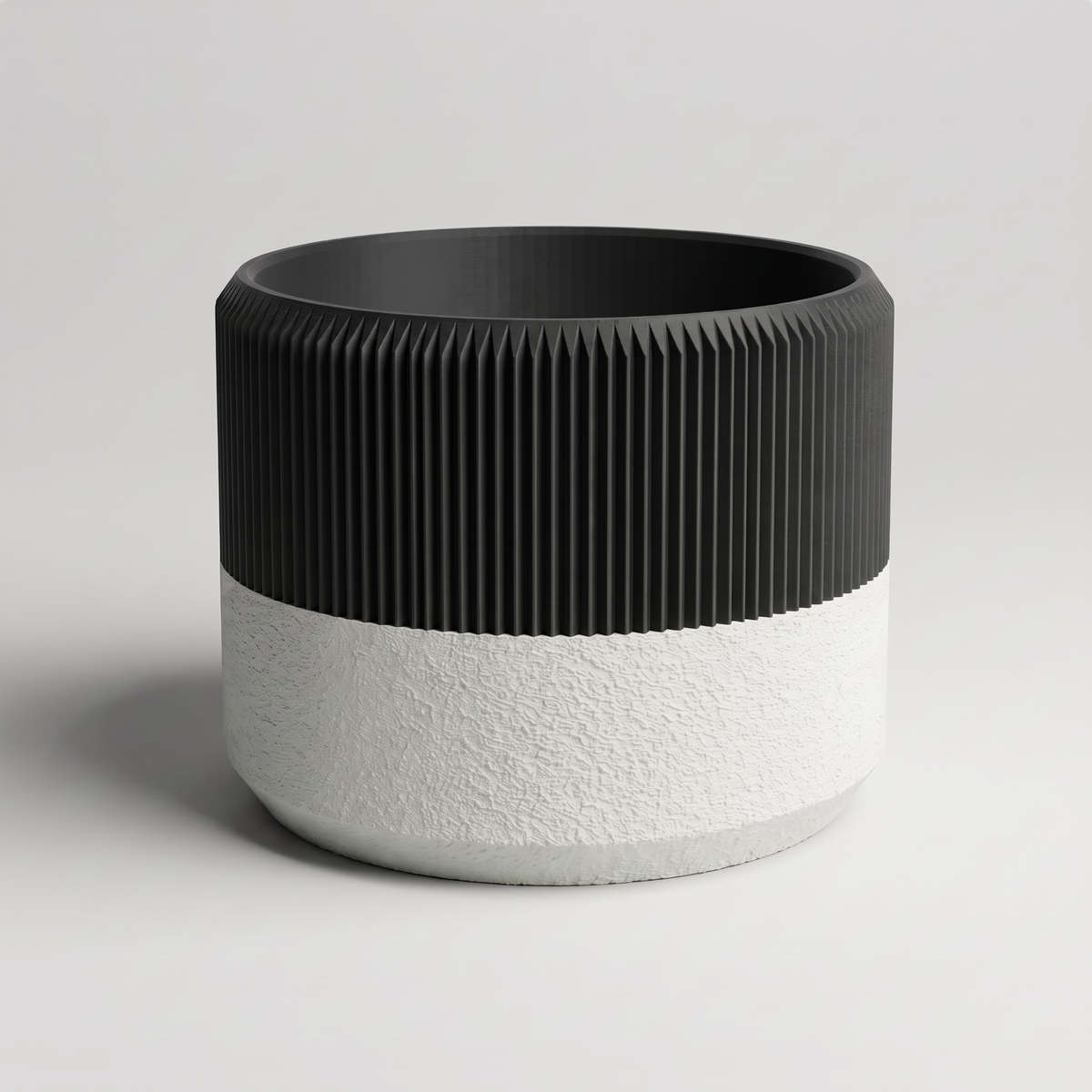 DiyArts Ribbed Wide Planter with Built-In Drip Tray in Matte Black with jade white textured tray, 6 inch low plant pot, studio product shot