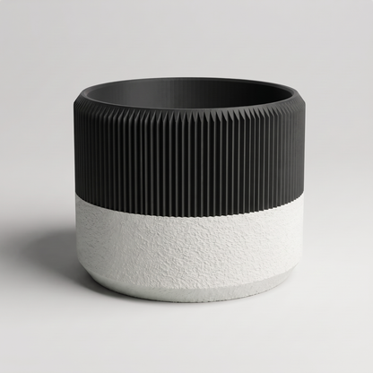 DiyArts Ribbed Wide Planter with Built-In Drip Tray in Matte Black with jade white textured tray, 6 inch low plant pot, studio product shot