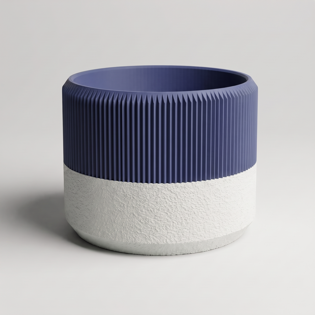 DiyArts Ribbed Wide Planter with Built-In Drip Tray in Deep Indigo Blue with jade white textured tray, 6 inch low plant pot, studio product shot