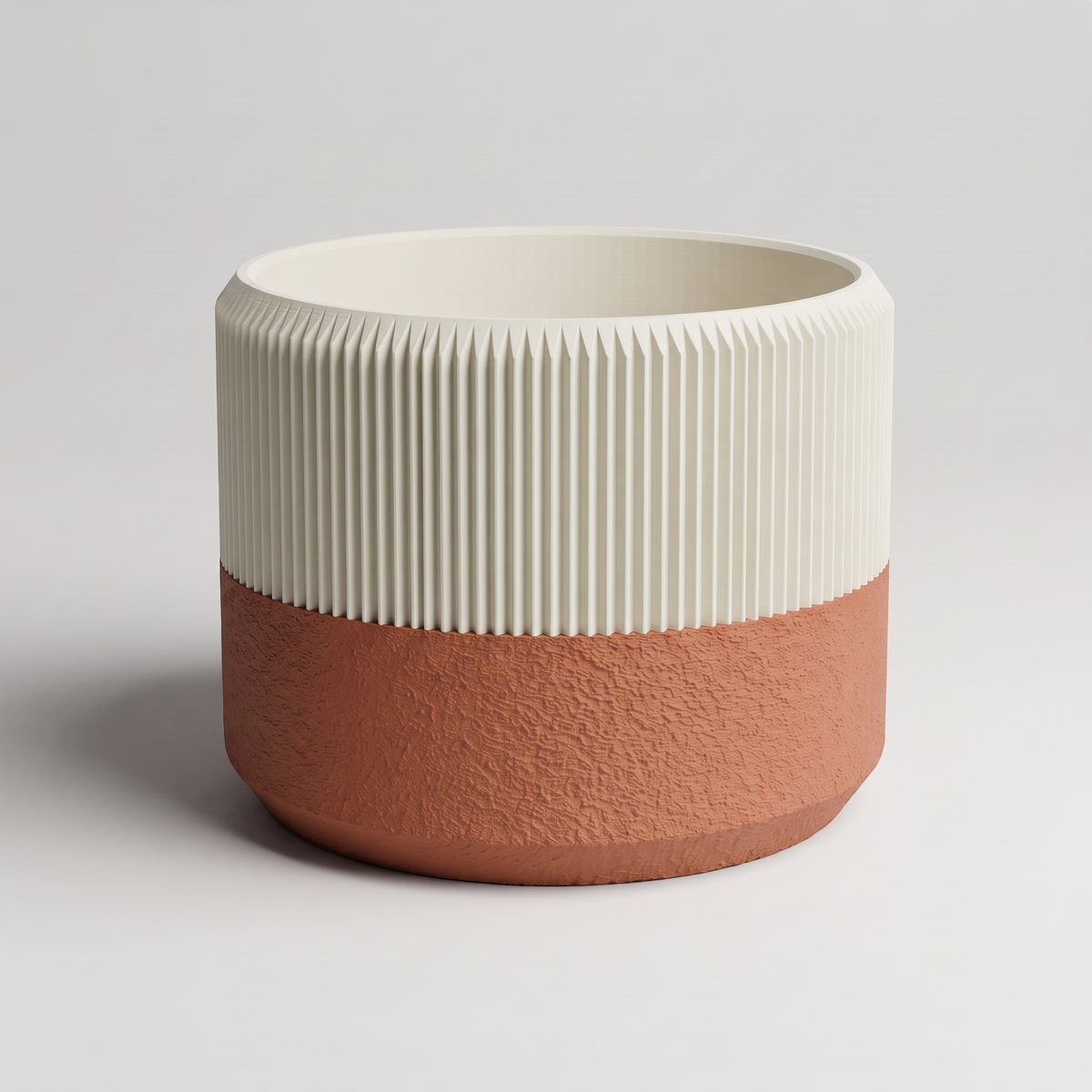 DiyArts Ribbed Wide Planter with Built-In Drip Tray in Jade White with burnt rust textured tray, 6 inch low plant pot, studio product shot