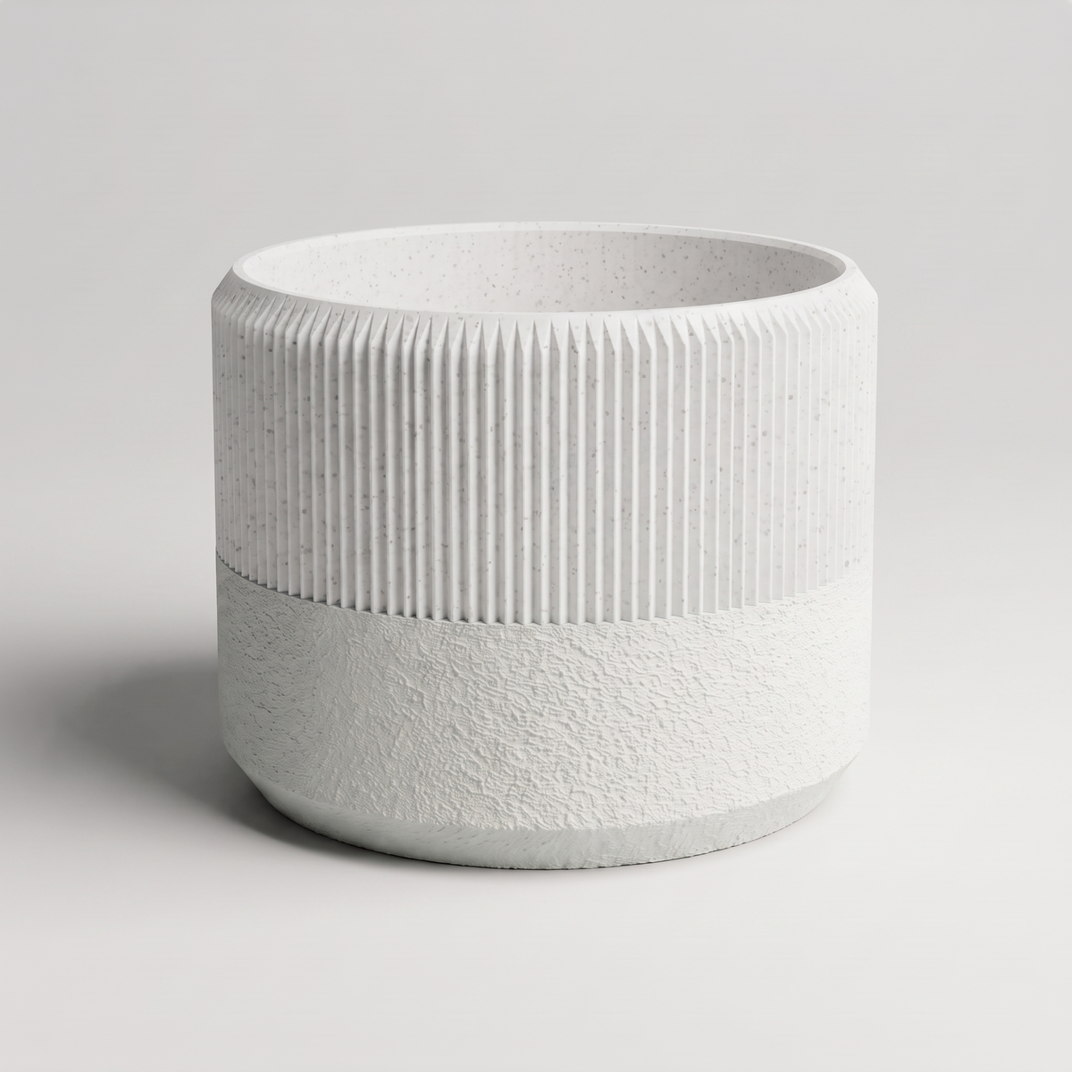 DiyArts Ribbed Wide Planter with Built-In Drip Tray in White Marble with jade white textured tray, speckled stone-look finish, studio product shot
