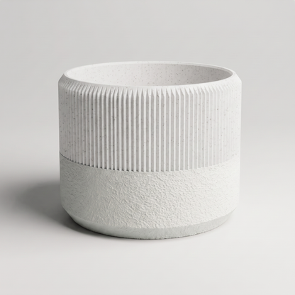 DiyArts Ribbed Wide Planter with Built-In Drip Tray in White Marble with jade white textured tray, speckled stone-look finish, studio product shot