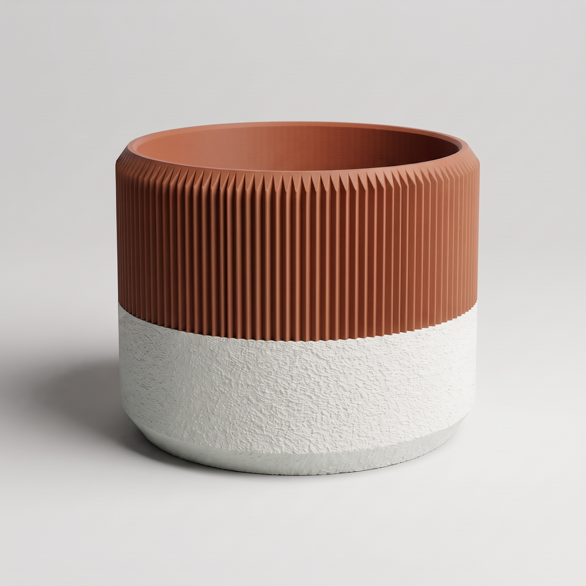 DiyArts Ribbed Wide Planter with Built-In Drip Tray in Burnt Rust with jade white textured tray, 6 inch low plant pot, studio product shot
