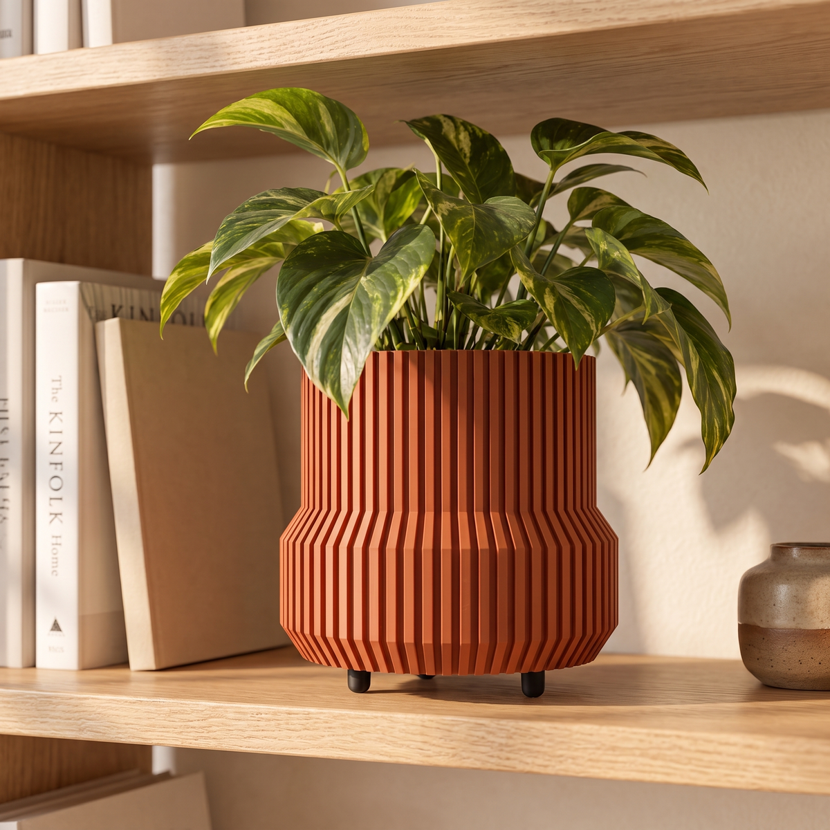Chubby Fluted Planter in Burnt Rust holding a small pothos on an oak bookshelf