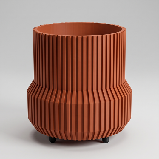 DiyArts Chubby Fluted Planter with Feet in Burnt Rust with matte black feet, stepped ribbed 4.5 inch plant pot, studio product shot