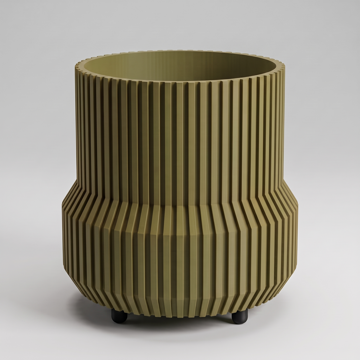 DiyArts Chubby Fluted Planter with Feet in Moss Green with matte black feet, stepped ribbed 4.5 inch plant pot, studio product shot