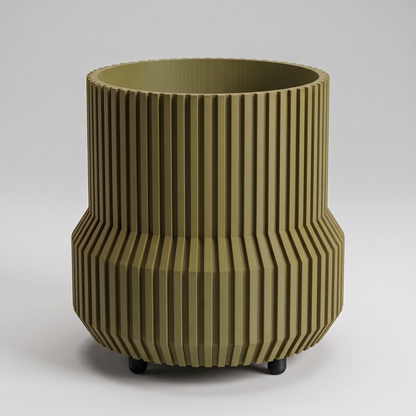 DiyArts Chubby Fluted Planter with Feet in Moss Green with matte black feet, stepped ribbed 4.5 inch plant pot, studio product shot