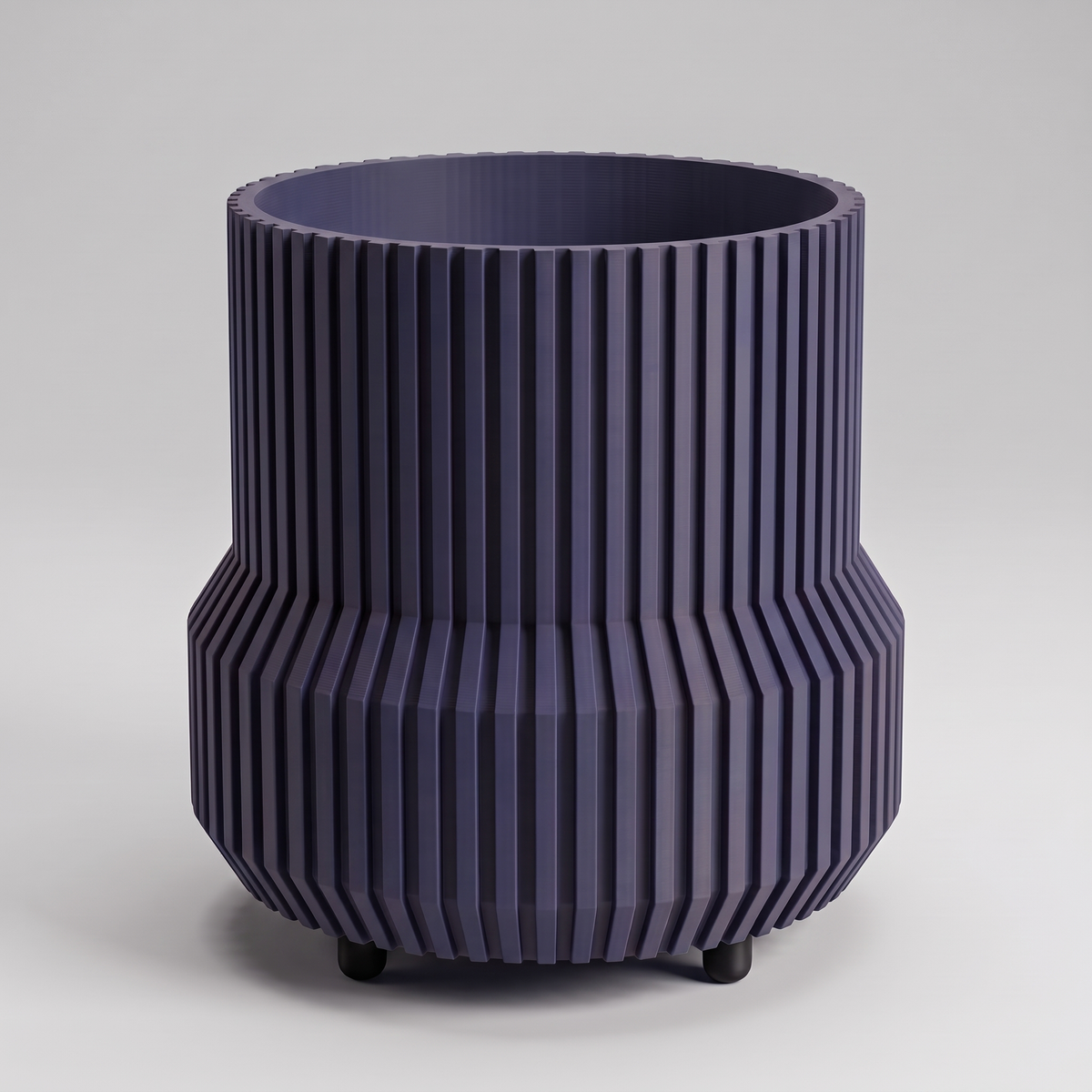 DiyArts Chubby Fluted Planter with Feet in Deep Indigo Blue with matte black feet, stepped ribbed 4.5 inch plant pot, studio product shot
