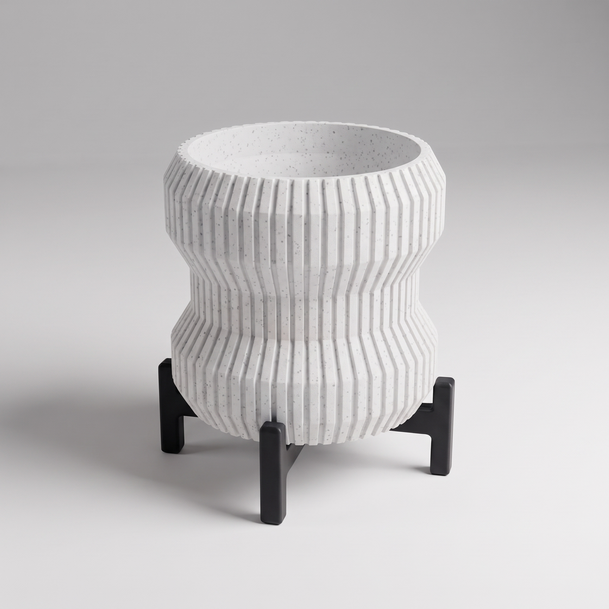 DiyArts Waisted Fluted Planter with Stand in White Marble with matte black cross stand, speckled stone-look finish, studio product shot