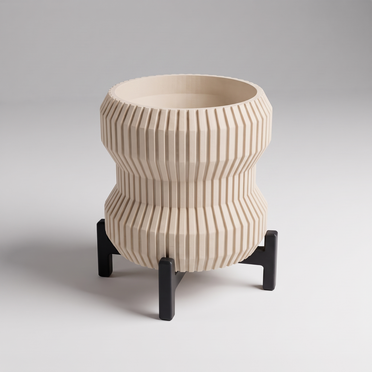 DiyArts Waisted Fluted Planter with Stand in Jade White with matte black cross stand, 5 inch hourglass ribbed plant pot, studio product shot
