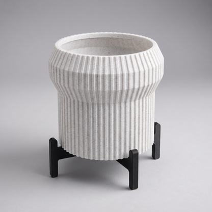 DiyArts Flared Fluted Planter with Stand in White Marble with matte black cross stand, 5 inch ribbed plant pot, studio product shot