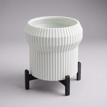 DiyArts Flared Fluted Planter with Stand in Jade White with matte black cross stand, 5 inch ribbed plant pot, studio product shot