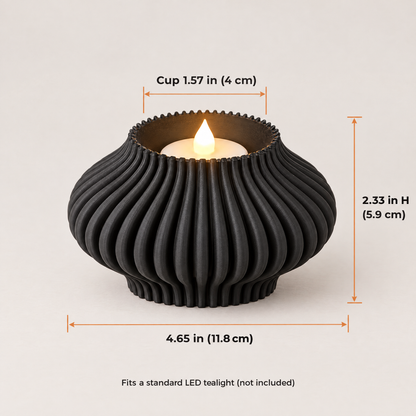 Fluted Tealight Candle Holder dimensions: 4.65 inches wide, 2.33 inches tall, 1.57 inch cup for a standard LED tealight