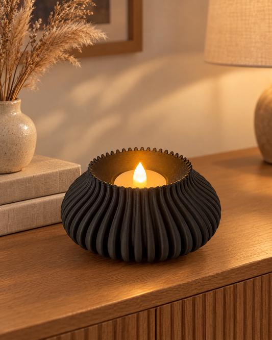 Fluted Tealight Candle Holder in Matte Black glowing softly on an oak console table beside books and a small vase with dried pampas grass