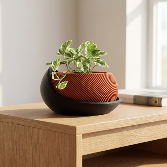 Burnt Rust Swirl Ribbed Bowl Planter with a small trailing plant on a light oak console table