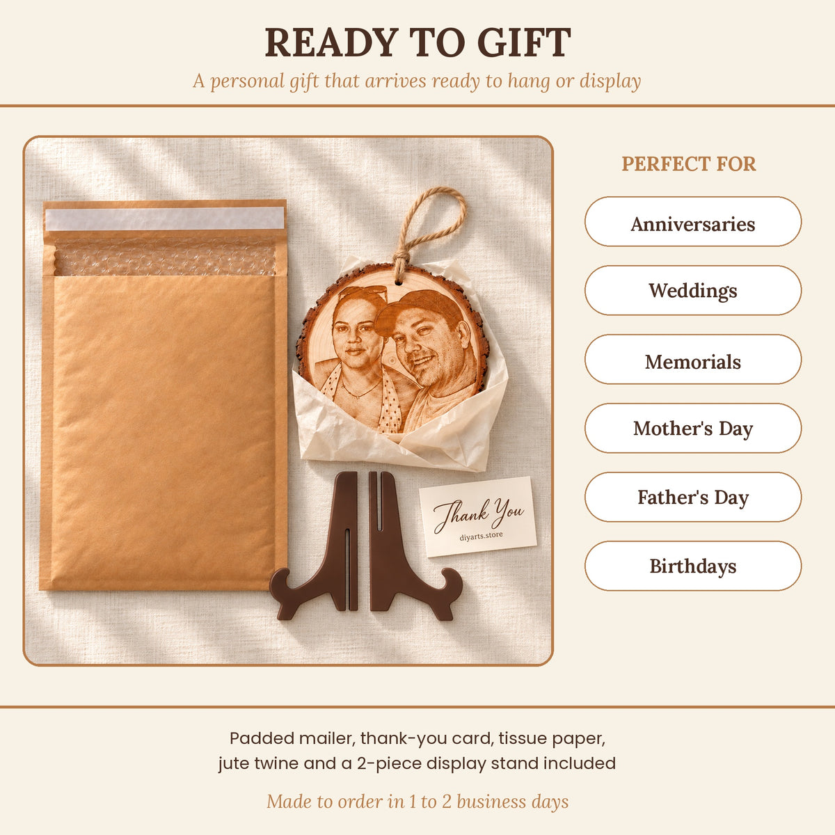 Photo engraved wood slice gift with padded mailer, thank-you card, jute twine and display stand, perfect for anniversaries, weddings and memorials