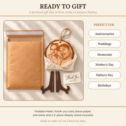 Photo engraved wood slice gift with padded mailer, thank-you card, jute twine and display stand, perfect for anniversaries, weddings and memorials