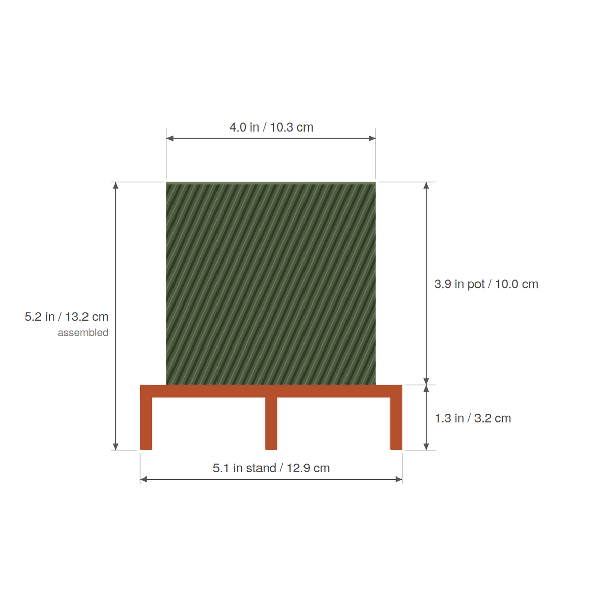 Twisted Planter with Stand dimensions - 4 inch pot, 3.9 inch pot height, 5.1 inch stand, 5.2 inches tall assembled