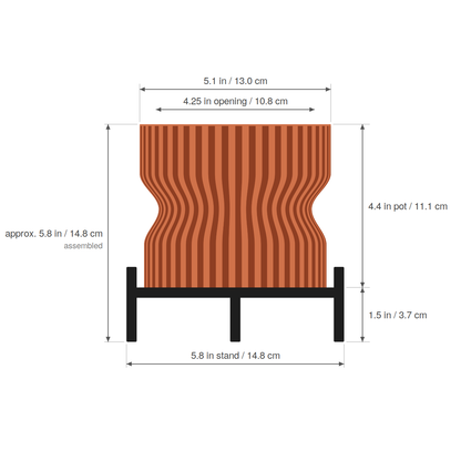 Waisted Fluted Planter dimensions - 5.1 inch pot, 4.25 inch opening, 4.4 inch pot height, 5.8 inch stand, about 5.8 inches tall assembled